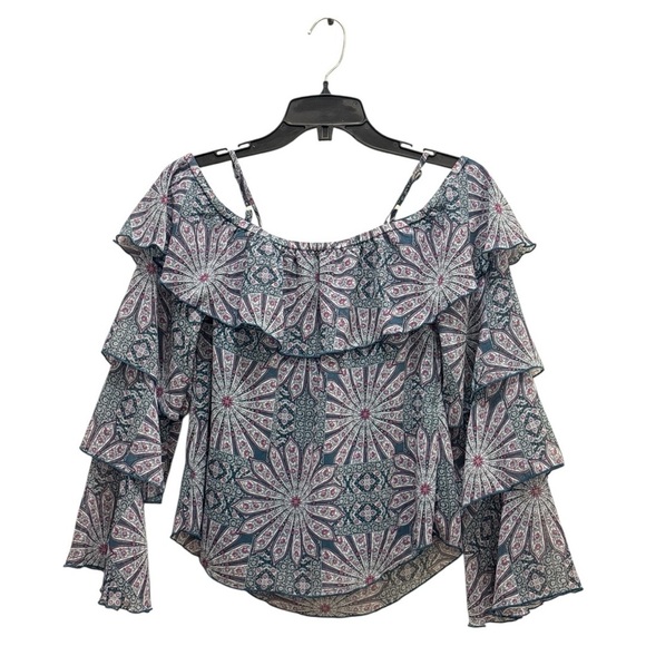 Ella Moss Gray and Blue Ruffled 3/4 Sleeve Blouse - Picture 1 of 4